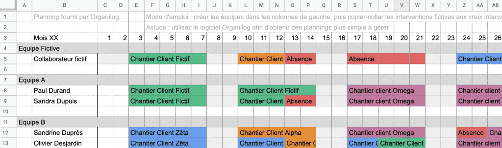Planning Excel au mois