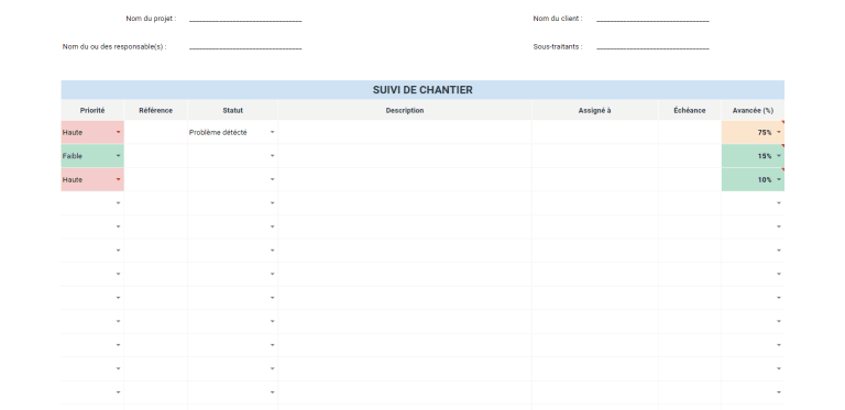Modèle de tableau de suivi de chantier Excel (gratuit)