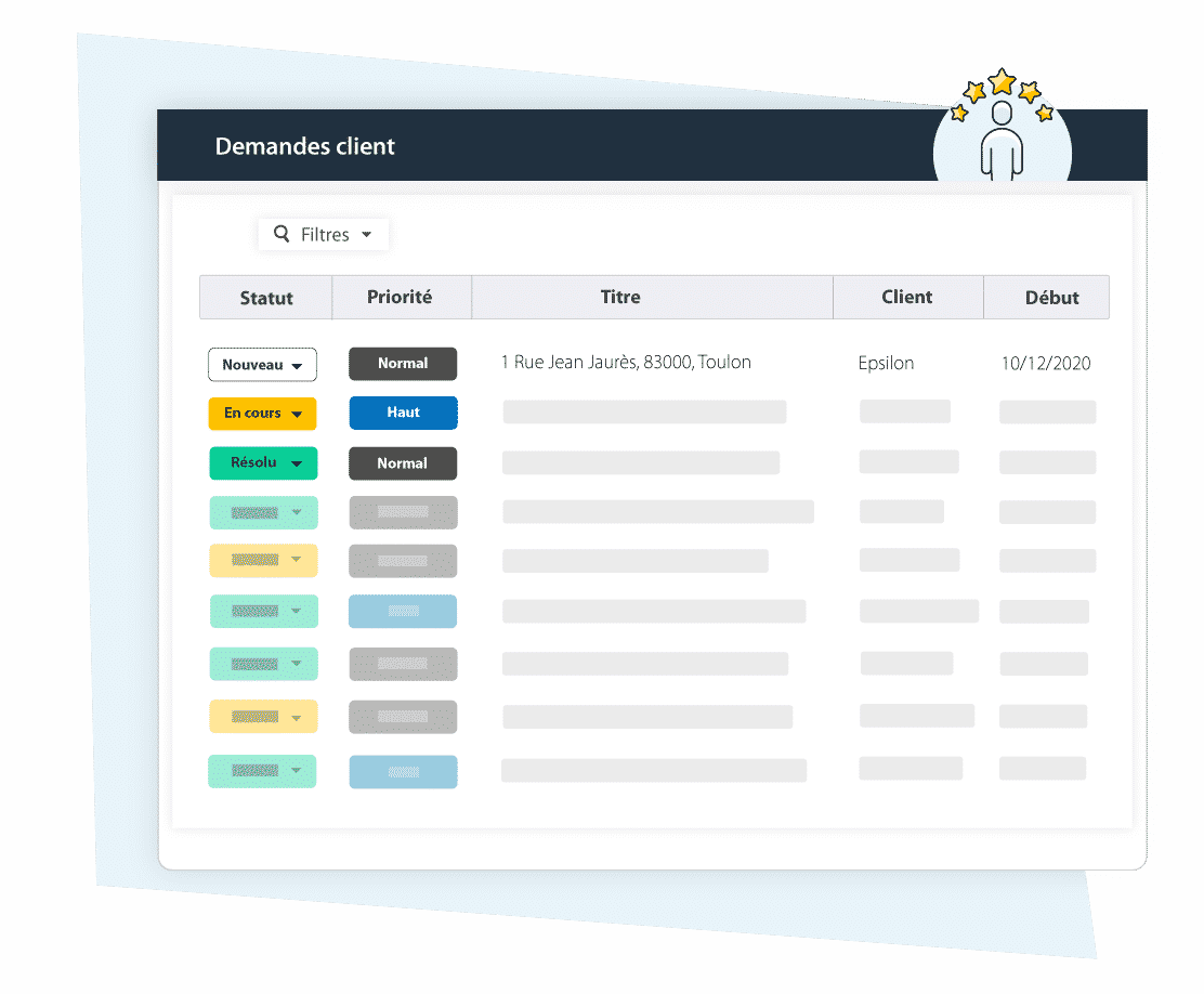 logiciel gmao - illustration de l'interface Organilog pour classer les demandes des clients