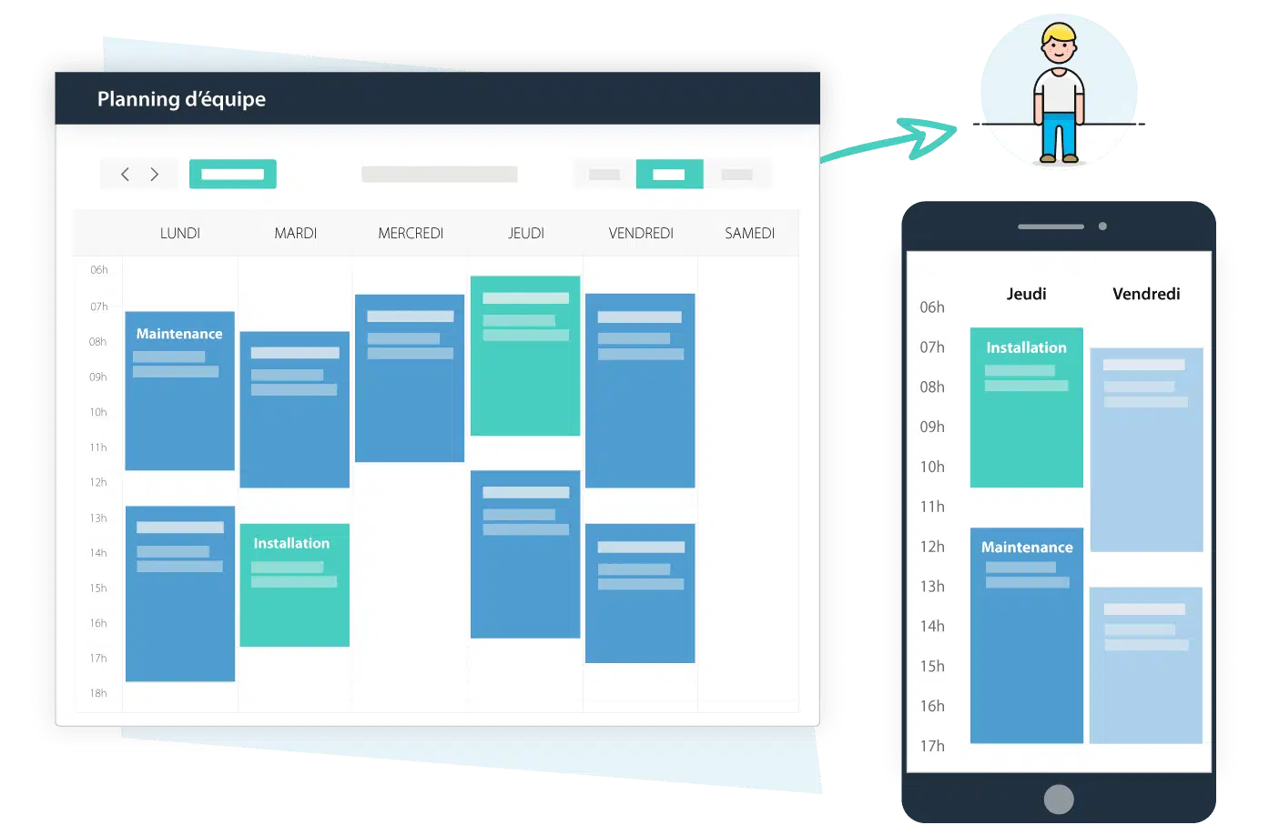 logiciel électricien - illustration de la vue planning sur pc et mobile avec le logiciel Organilog