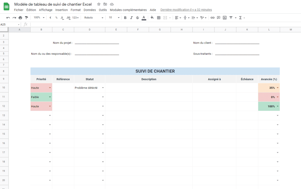 Tableau de suivi de chantier Excel