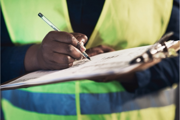 Professionnel du bâtiment rédigeant un compte rendu de chantier